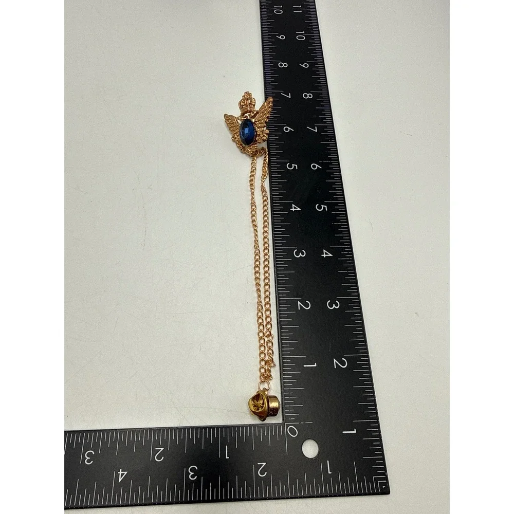 Gold Tone Double Headed Eagle Crown Lapel Pin Blue Stone Rhinestone Chain Brooch